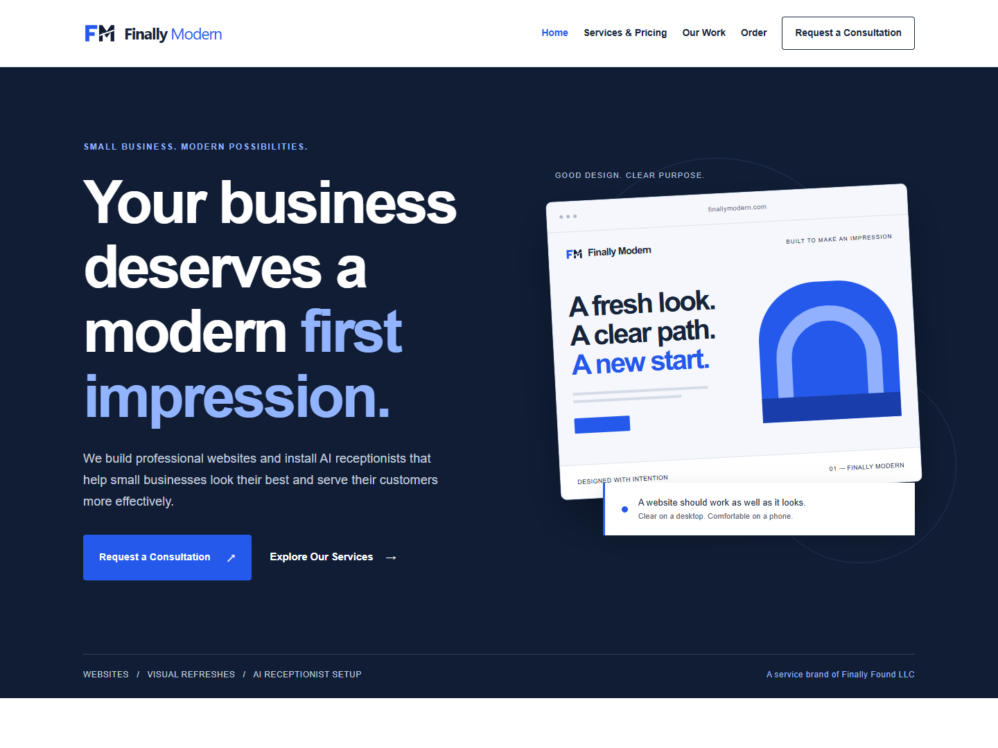 Finally Modern homepage with a navy hero, large first-impression headline and an original blue architectural website illustration.
